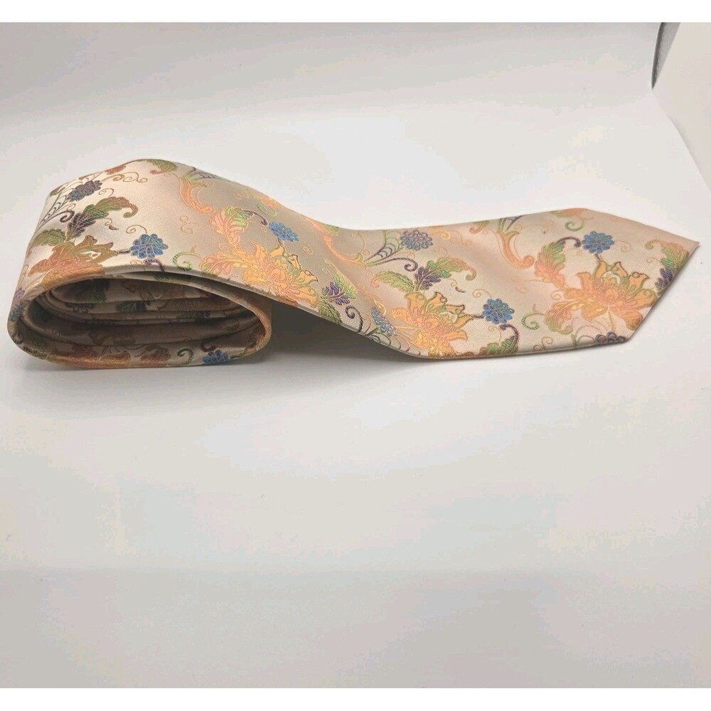 Stacy Adams Mens Tie Peach Gold Paisley Floral Baroque Brocade Rainbow